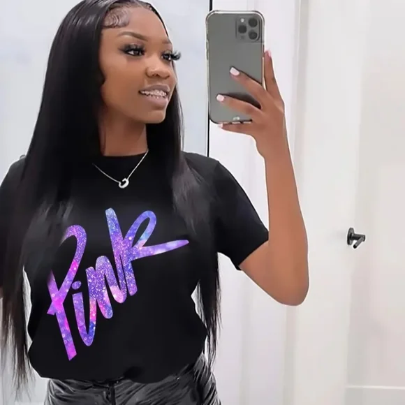 NWT !! Black T-Shirt with the Word PINK Printed on Front in Gradient Lettering💖 - Picture 8 of 16